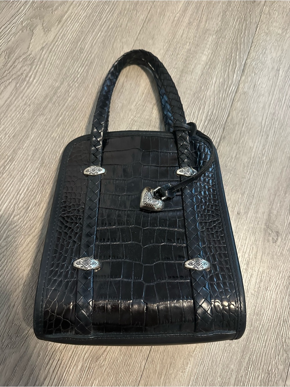 Brighton Vintage Black Leather Croc Embossed Bucket Bag Tote Purse